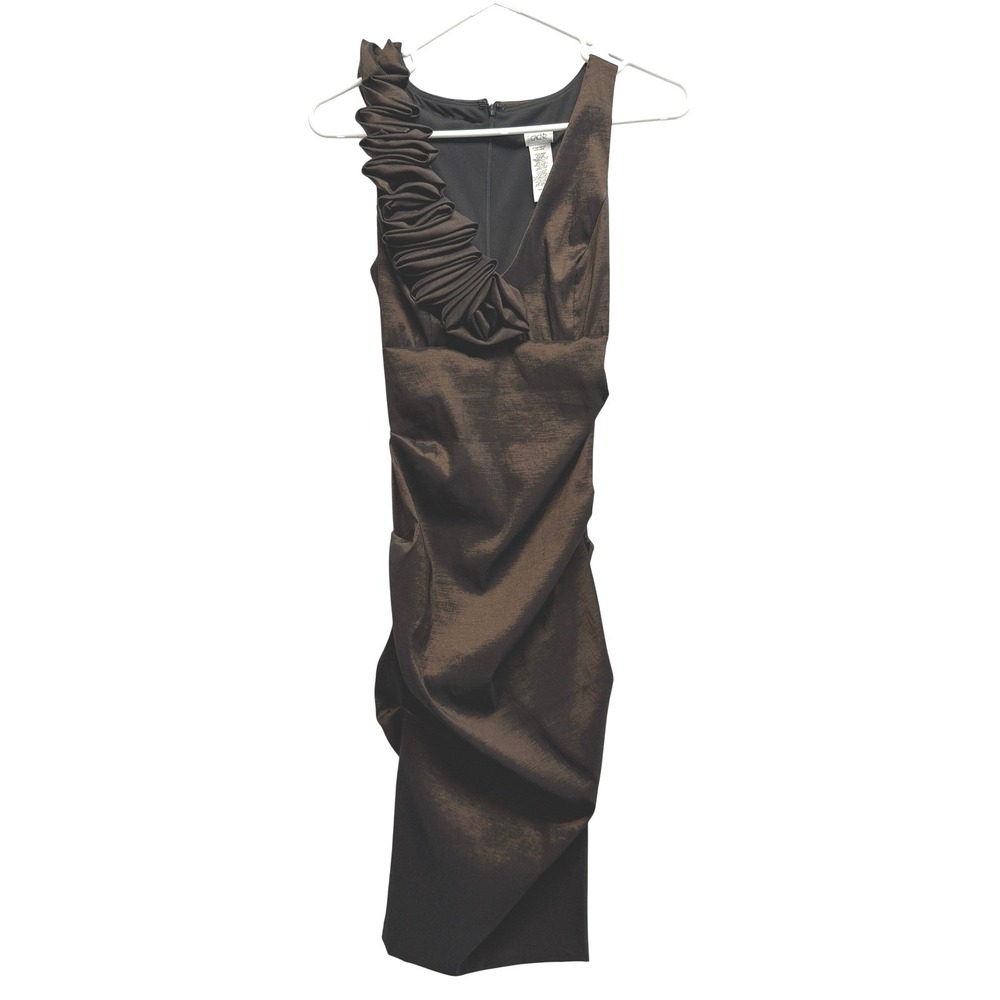 Cache Womens Bronze Metallic Ruched One Shoulder Ruffle Cocktail Dress Size 4